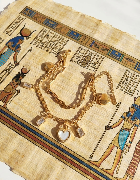 Dual-Chain Charm Bracelet – Heart & Cubic Zirconia Dangles