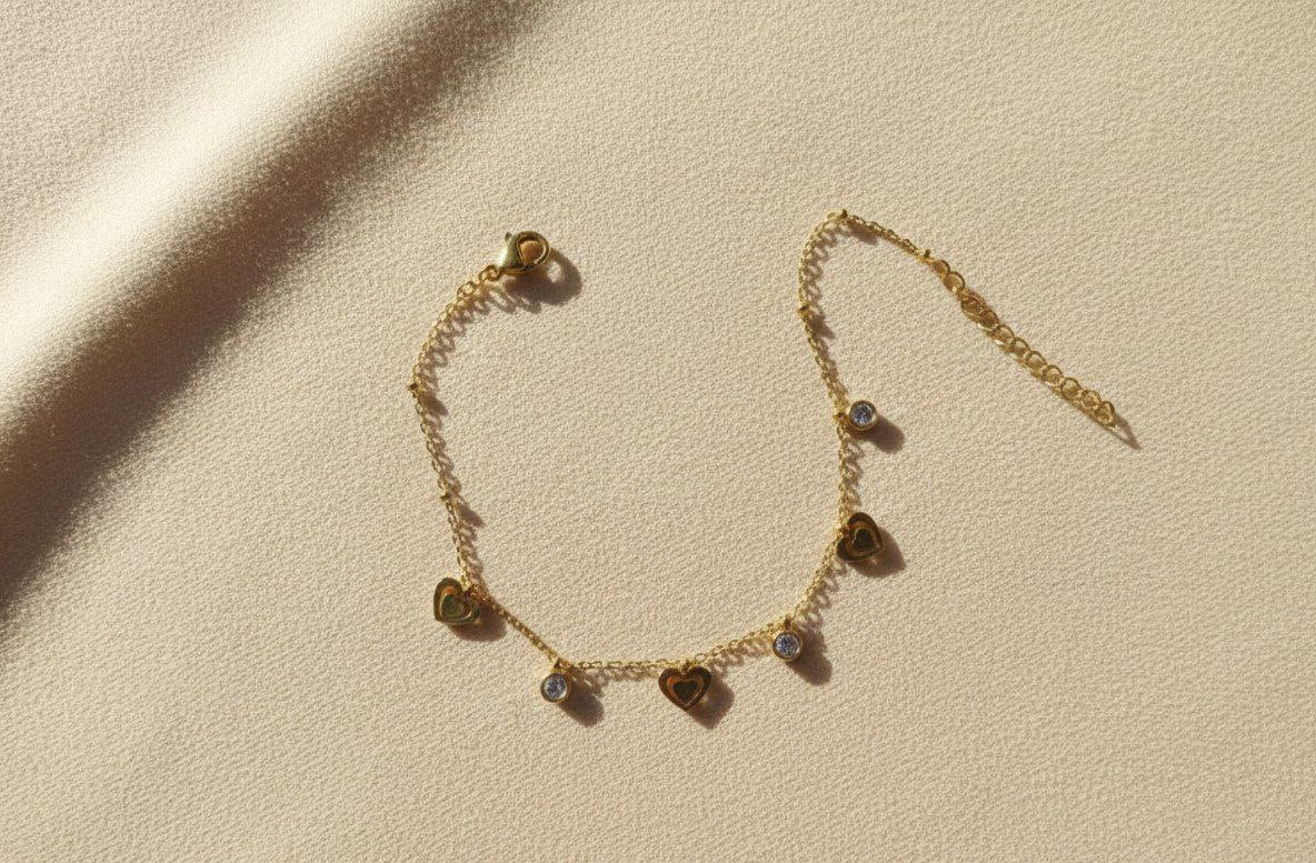 Gold Heart & Crystal Dangle Anklet