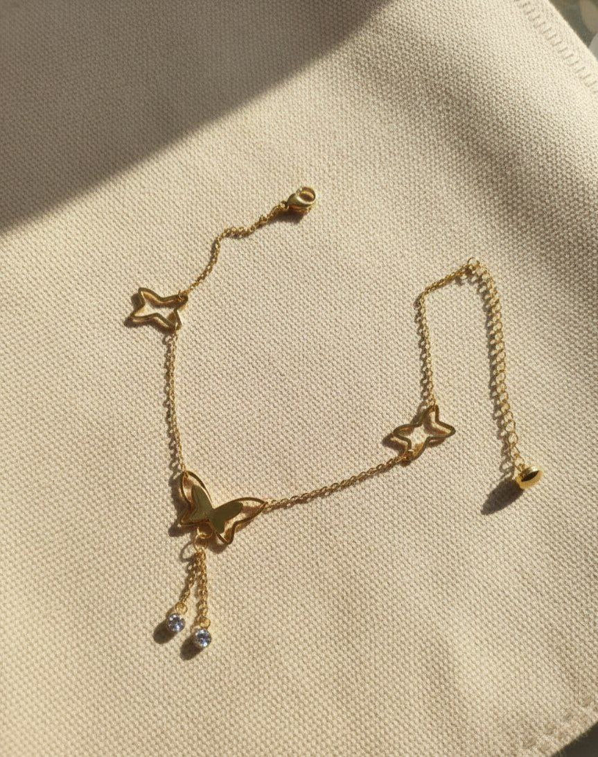 Gold Butterfly Charm Anklet with Crystal Dangles
