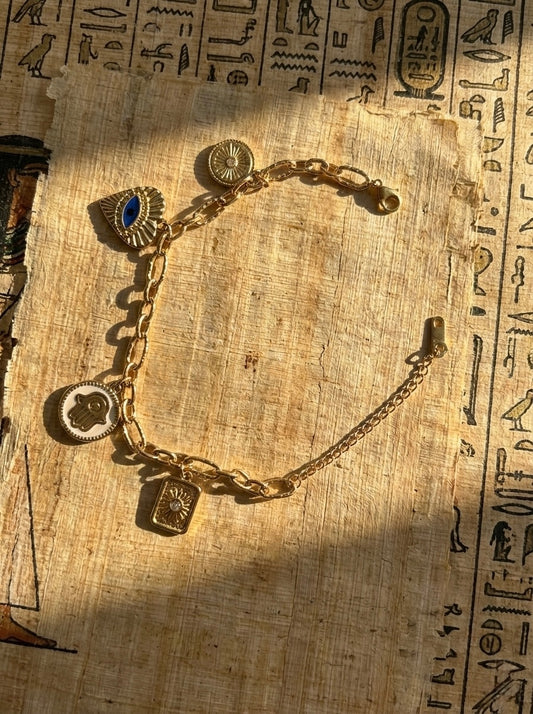 Evil Eye,Sun Talismans & Hamsa Medallion Charm Bracelet