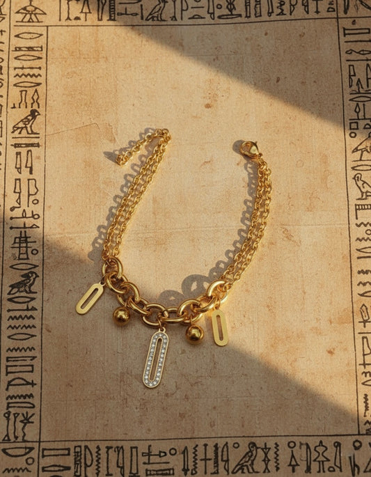 Double Chain Charm Bracelet – Pave Oval & Bead Accents