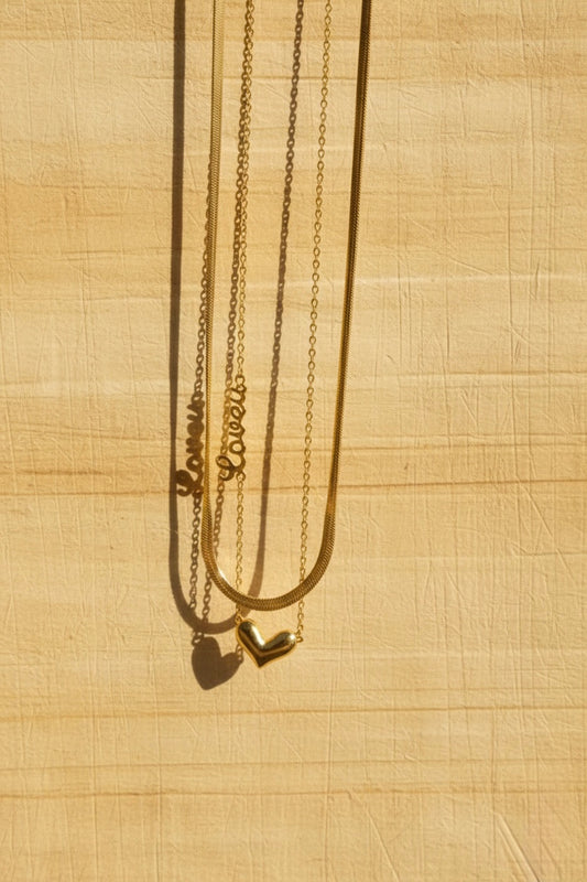 Romantic Layered Gold Herringbone Chain & Heart Pendant Necklace