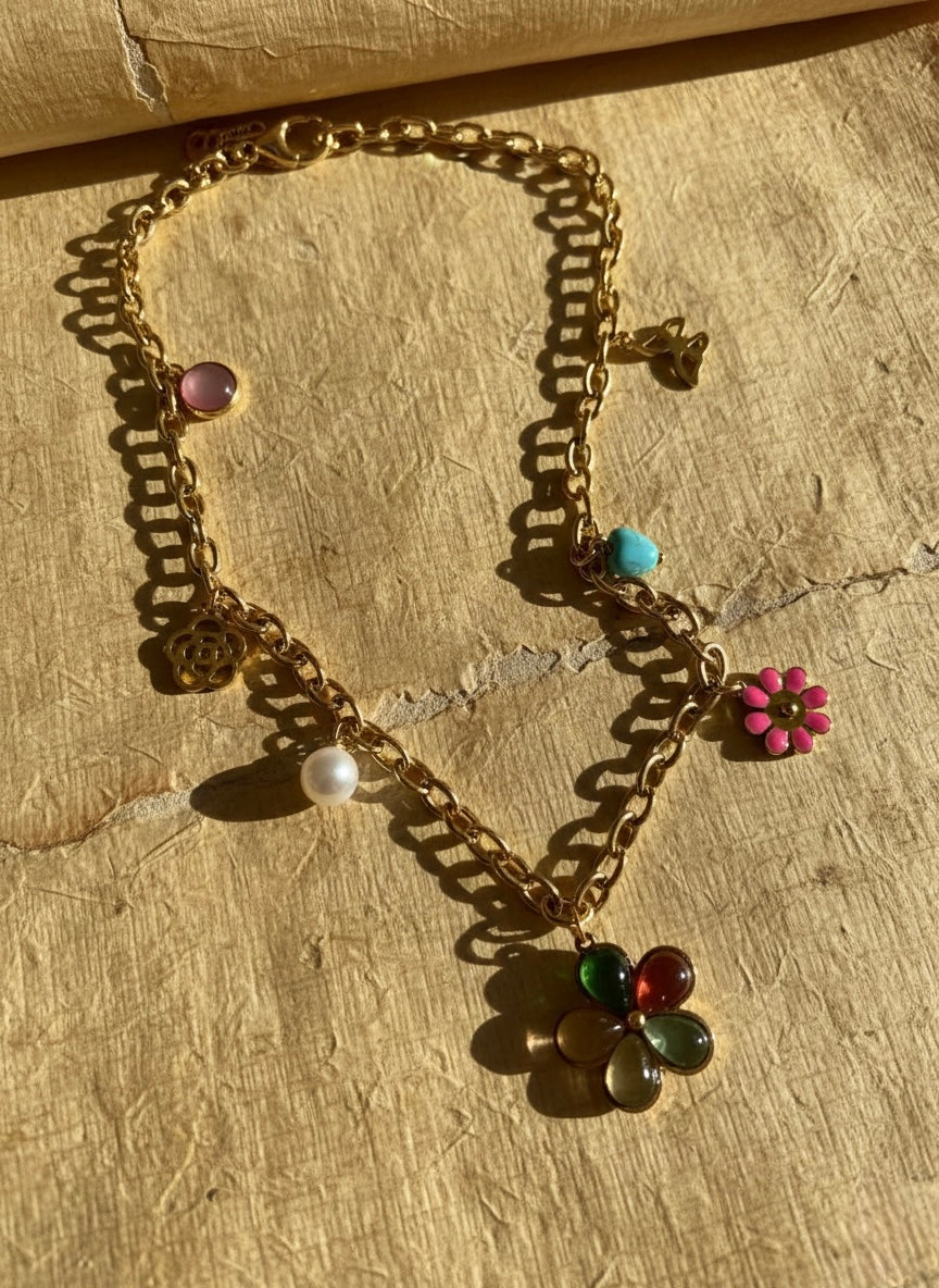 Vintage-Style Multi-Charm Floral Necklace