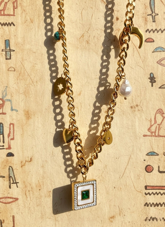 Celestial Charm Gold Curb Chain Necklace