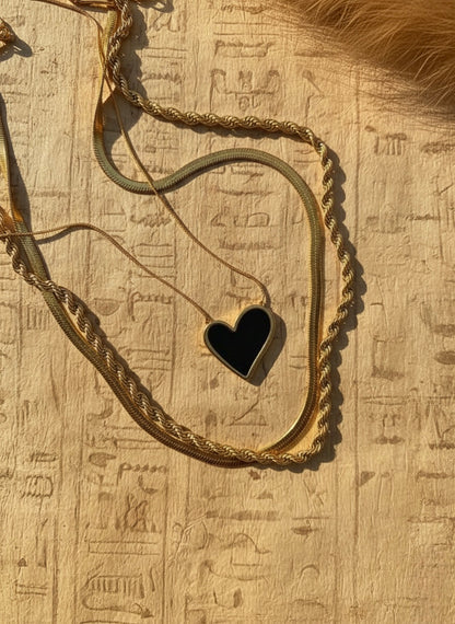 3-Piece Triple Layered Necklace Set with Black Onyx-Style Heart Pendant