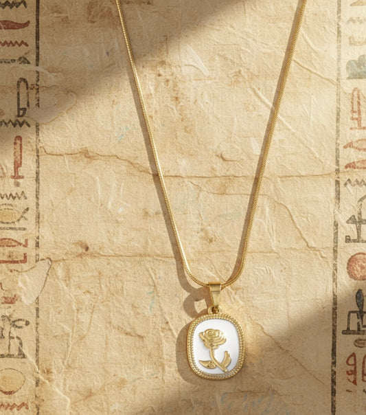 Vintage Rose Medallion Necklace – White Enamel Floral Pendant