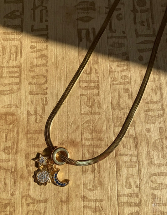 Celestial Charm Choker necklace– Snake Chain with Sun, Moon & Star Pendants