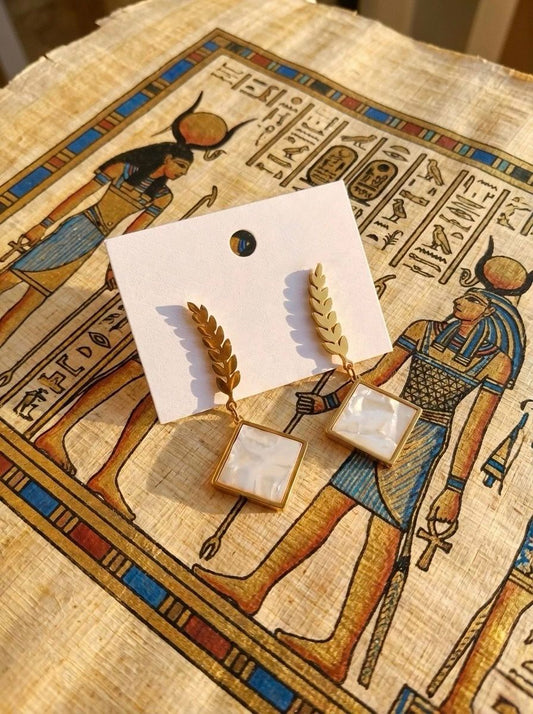 Laurel Leaf Drop Earrings with Pearlescent White Square Charms