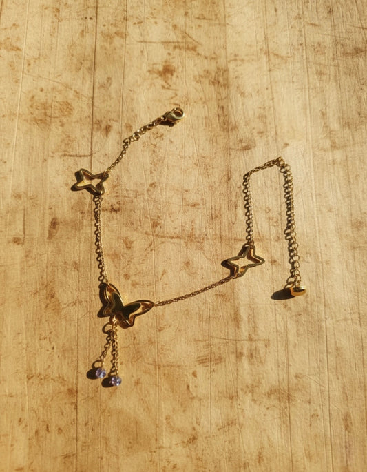Gold Butterfly Charm Anklet with Crystal Dangles