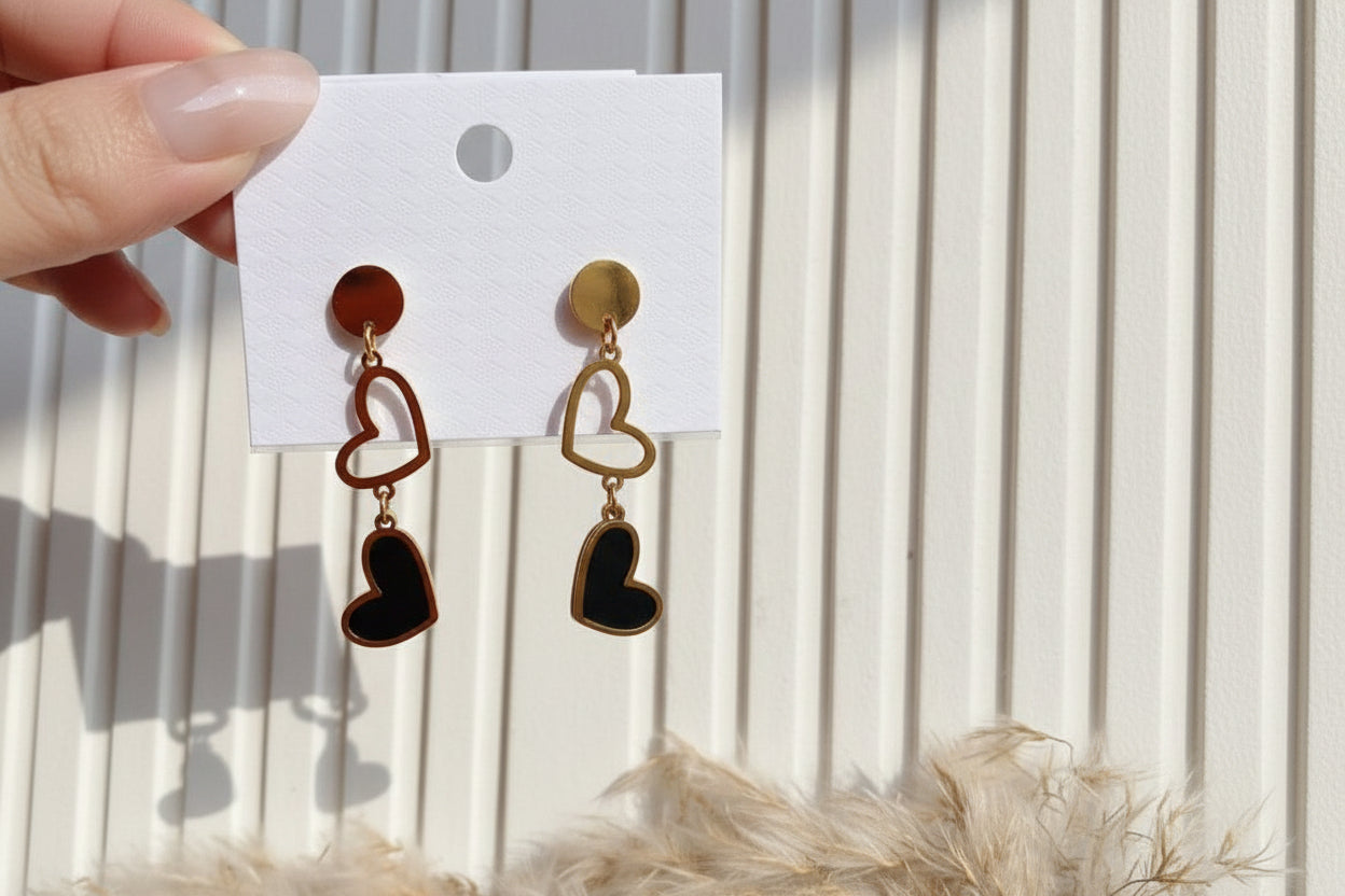 Double Heart Enamel Drop Earrings
