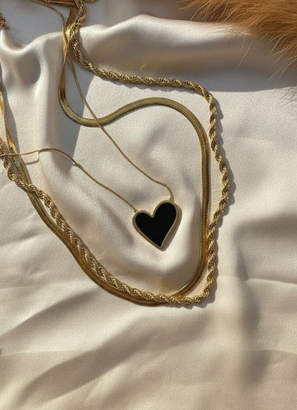 3-Piece Triple Layered Necklace Set with Black Onyx-Style Heart Pendant
